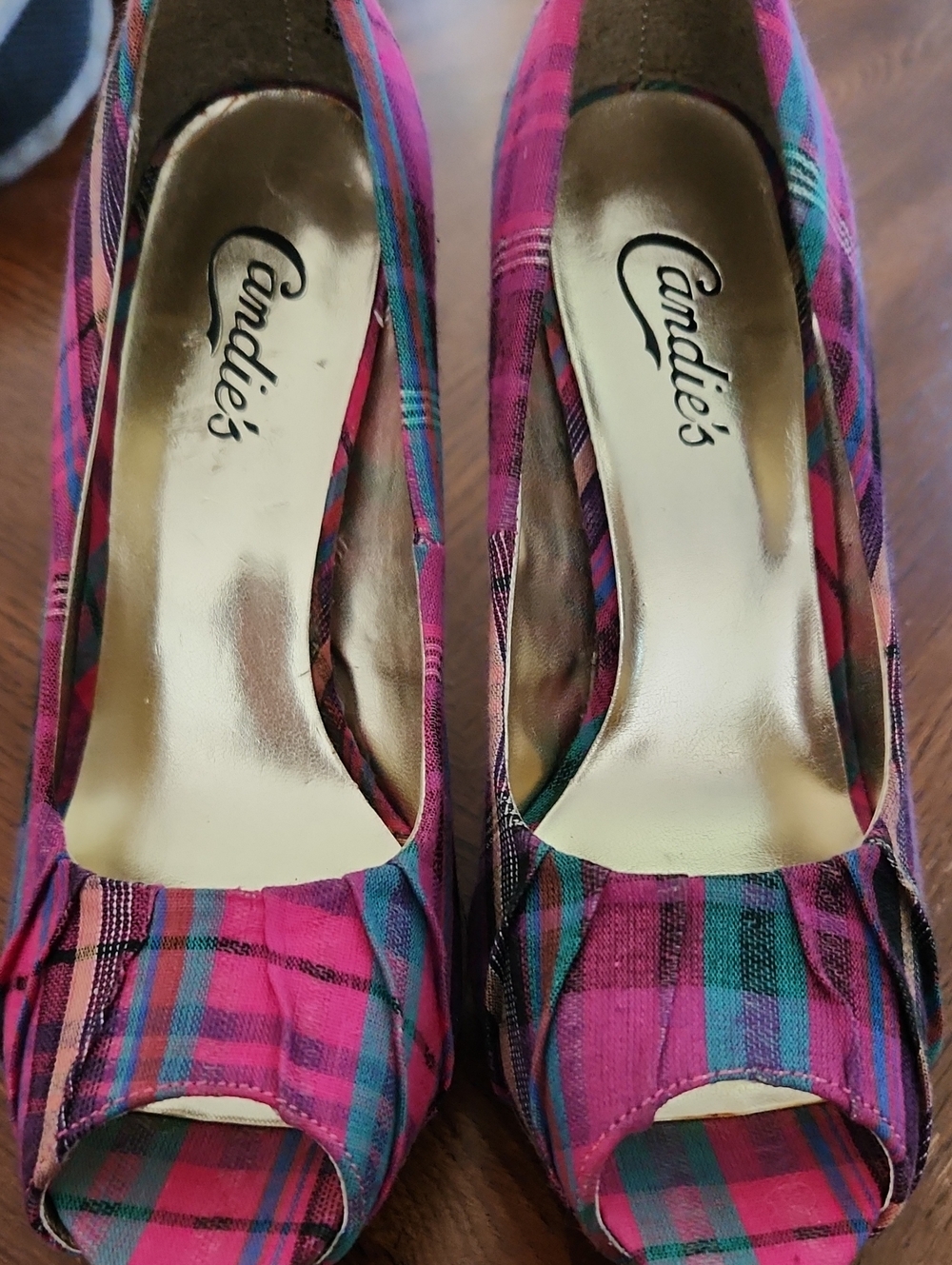 Candie's Pink and Teal Plaid Peep-Toe Heels